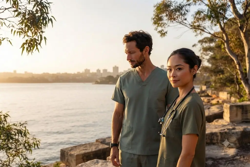 Two clinicians in sage scrubs on a sandstone harbour headland at sunrise, eucalypts overhead.